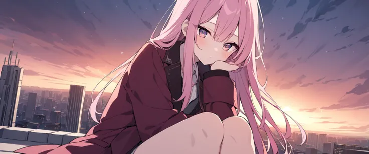 a girl with long straight light pink hair sitting on the rooftop of a skyscraper, wearing a burgundy overcoat, rose-colored eyes looking towards the horizon under a cloudy sky, twilight