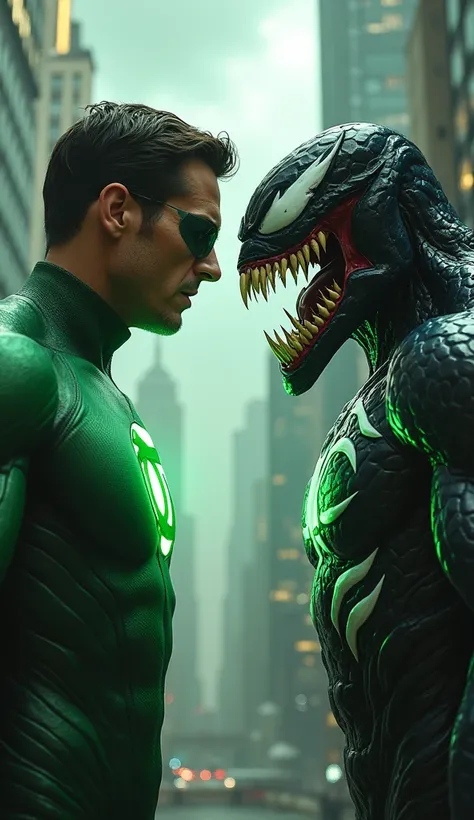 Give me an image of the Green Lantern and Venon looking at each other angrily, realistic and in costume 