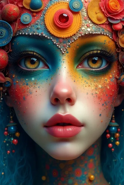 painting of a woman with a colorful face and a lot of circles, adrian borda, detailed face ), surrealistic painting, by Amanda Sage, visionary painting, whimsical art, detailed woman, detailed face and eyes, extraordinarily detailed woman, detailed face of...