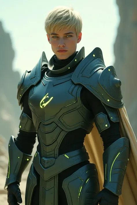 1 Male, magical knight, futuristic hoplite armor, green eyes, short blonde hair. 