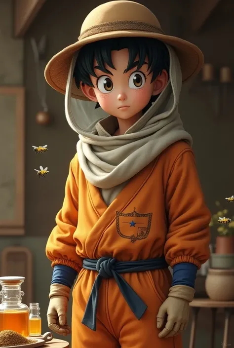 "Generate a hyper_ realistic image of goku,wearing his cloth,classic,vintage_style beekeeper.
This scene should capture fine details like beekeeper tools in his hand,the expressions on goku face,and the cozy ambiance of the beekeeper with bottles, bee and ...