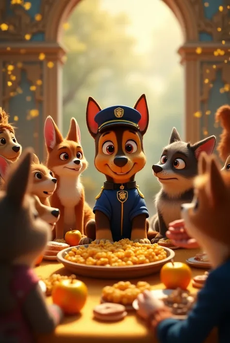 You can create an animated image where the police dog and the animals are sharing golden apples at a feast with people 
