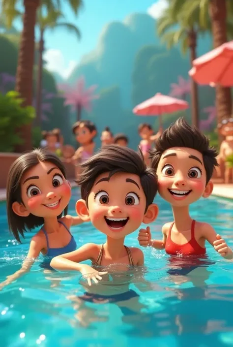 Disney Pixar-style image of people in a pool 
