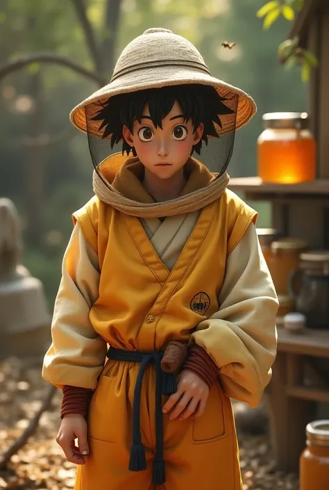 "Generate a hyper_ realistic image of goku,wearing his cloth,beekeeper dress_style beekeeper.
This scene should capture fine details like beekeeper tools in his hand,the expressions on goku face,and the cozy ambiance of the beekeeper with bottles, bee and ...