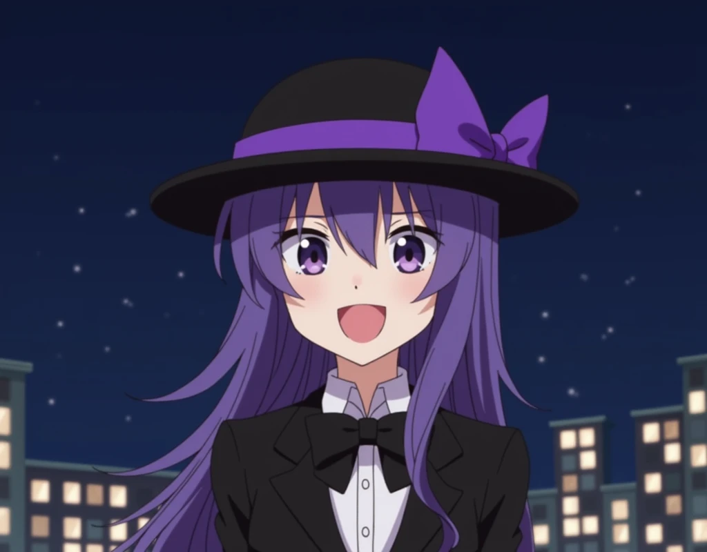 1girl, solo, black hat with purple stripe, black suit, laugh, bow on hat, bow tie, purple hair, purple eyes, screencap, minimalistic, night city