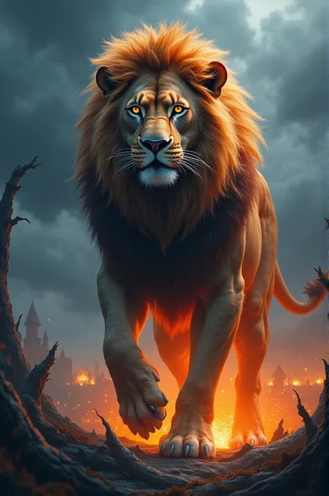 Create a hybrid image that seamlessly combines a human and a lion . dynamic angles to highlight their blend. danger background. Focus on vibrant colors and dynamic angles to highlight their blend.danger background. 