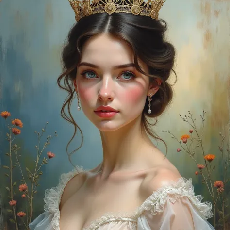 (8K,  the best quality, masterpiece: 1.2), ( the best quality: 1.0), ( upper-body selfie jersey : 1.0), watercolor, a beautiful woman, ( Bright pupils,blue pupils),shoulders, diadema, Agnes Cecil, Bust Portrait, extremely bright design, Pastel colors, autu...