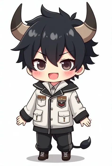 Various chibi anime for twitch emote with different expressions. anime chibi style baby bull boy character theme white jacket army major clothes and black hair with horn, hd, 4k, 8k, white-background, front view, full character, with cute expression