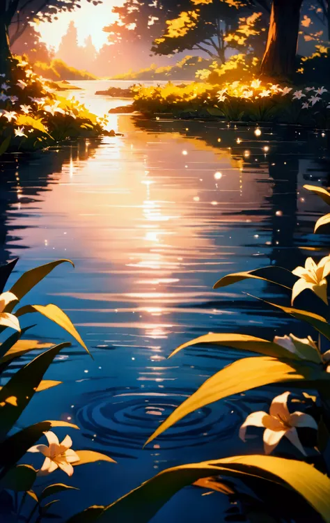 masterpiece,best quality,high resolution,ultra sharp focus,Cinematic Lighting, ethereal light, intricate details,full colored, HDR, UHD,8k,detailed background is beautiful,Dappled reflections, lily-covered pond, soft golden light, surrounding trees, gently...