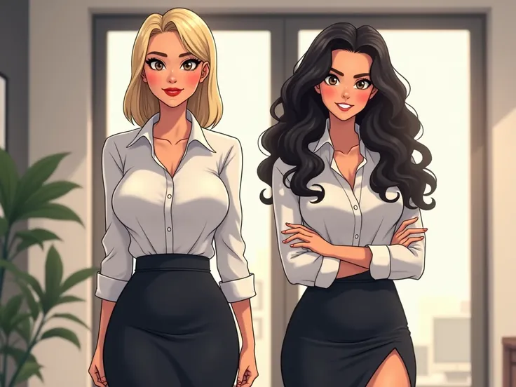 Anime style of Two confident, attractive women in their mid-thirties with thick, curvy body types, dressed in stylish, fitted office attire. Each wears a tailored button-up shirt, slightly unbuttoned down to the middle of the torso, giving a glimpse of the...