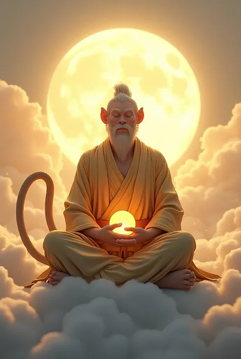 "Sun Wukong, The golden Monkey King from Chinese mythology,  in a meditation position ,  sitting in the clouds above the sky .  He wears a traditional tunic in soft tones ,  with his serene face and focused expression ,  holding a glowing sphere in one han...