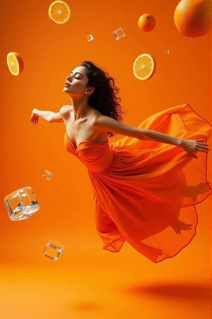 Full length magazine style editorial photography with indian woman with fair skin diving into orange , wearing orange dress , orange slices and ice cubes 