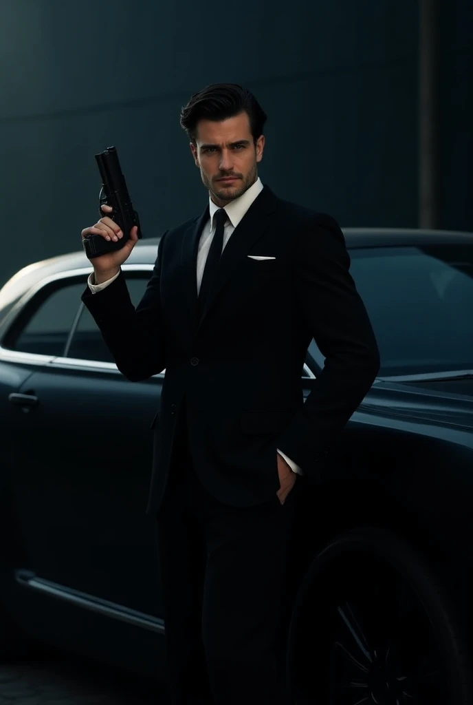 A handsome man with short wavy black hair with blue eyes who is in a black suit with a gun and around a big black car and who is at night 