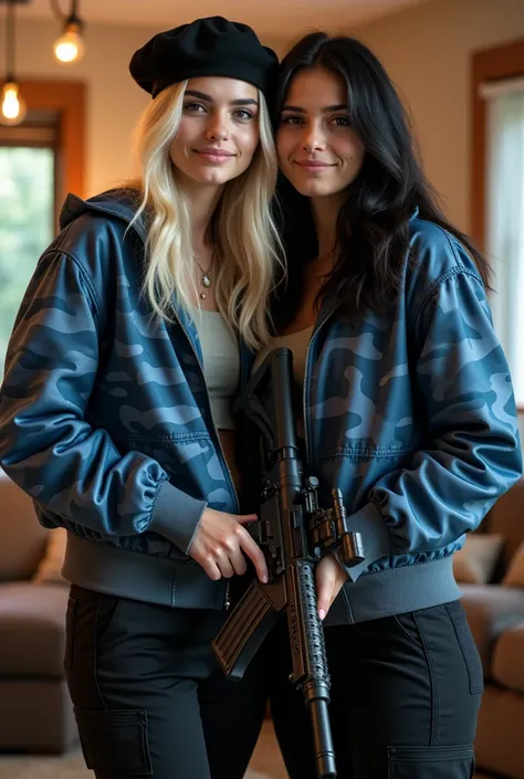 photo realistic , super realistic,  full body head to toe image of two 21 year old American women, full body in frame,  realistic face, confidant smile
, detailed face, full body image, , , blue camo satin bomber jackets, black satin cargo pants,   each ho...