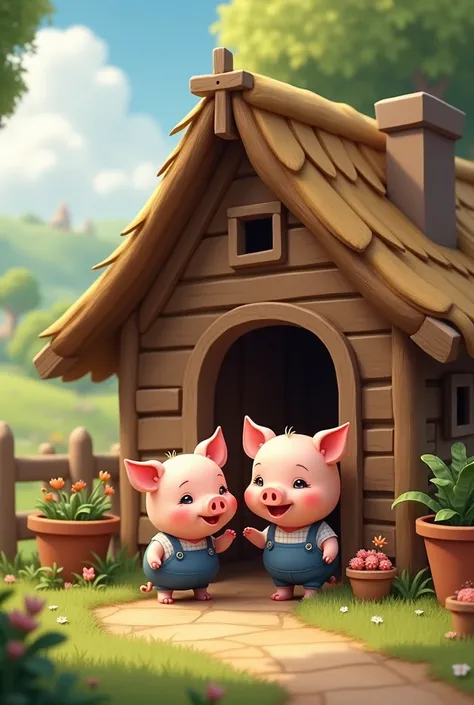 Two little pigs in a wooden house