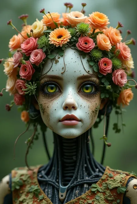 create a character, that represents mother earth that has a robotic part on its face, His eyes are rags for plants, surrounded by many other silver ones in colorful style, The eyes are clothed with flowers and it has a robotic part