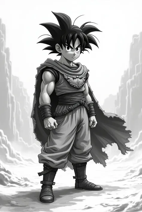 Little Goku in black and white with gladiator clothes 
