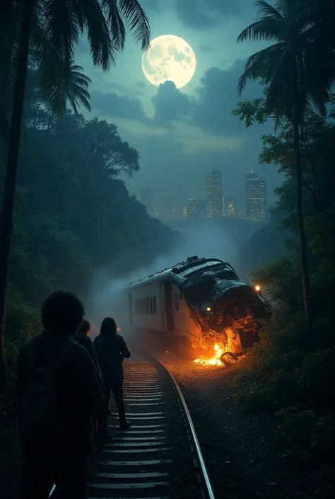 Make an image of a train crash in the middle of the jungle in night. And members of train watch it.and from behind a night city 
