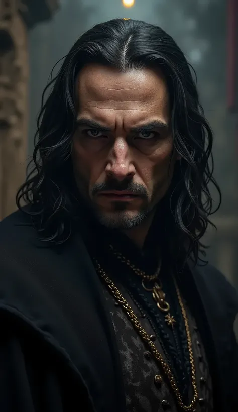 "A portrait of Vlad Tepes in 15th-century attire, fierce expression, dark hair, piercing eyes, realistic and cinematic with moody lighting."