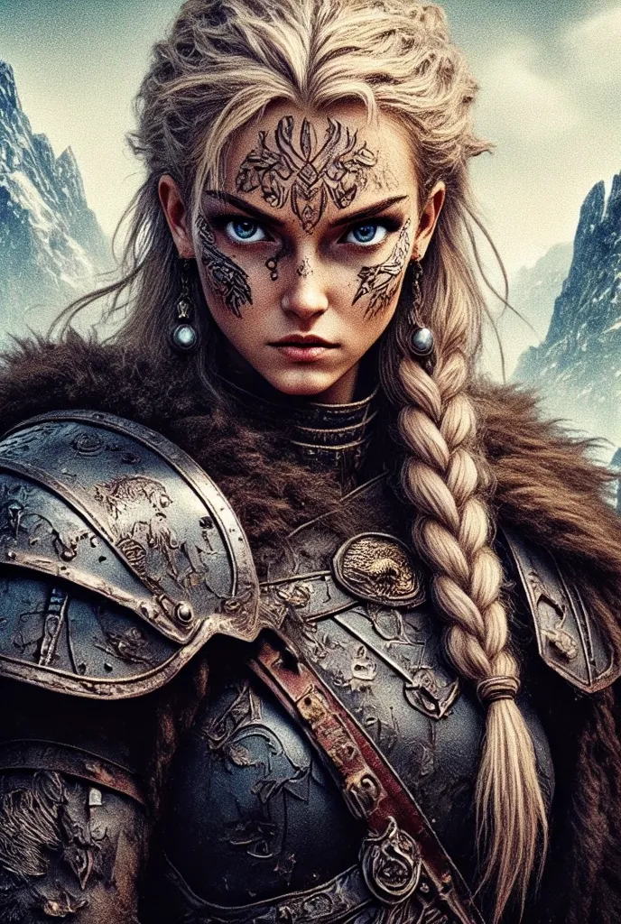 an extremely detailed close-up portrait of a fierce viking warrior woman standing against a rugged nordic landscape. she has a s...