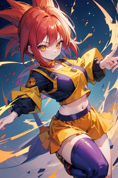 dragon ball style, cute saiyan girl, crimson hair, yellow eyes, , smile, electricity, aura, energy, dark navy blue saiyan outfit