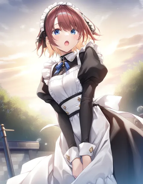 1girl, little female, short hair, beautiful breasts, open mouth, maid, outdoors,wind, game CG break,((artist:kimishima_ao)),(artist:mitsumi_misato),(artist:fujiyama),,(masterpiece), (best quality), (ultra-detailed), very aesthetic, beauty illustration,supe...