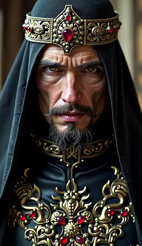 Close-up of Vlad Dracul with a serious, intense gaze, wearing medieval Romanian noble attire, highly detailed, realistic, and dramatic."