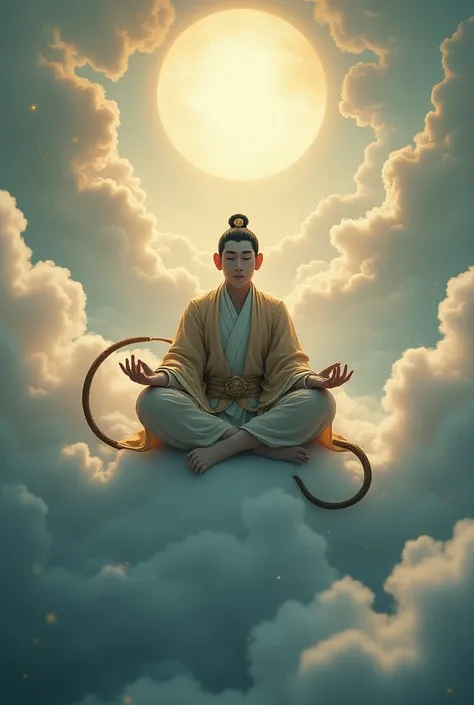 "Sun Wukong, The golden Monkey King from Chinese mythology,  in a meditation position ,  sitting in the clouds above the sky .  He wears traditional Chinese armor in soft tones ,  with his serene face and focused expression , holding a golden cane in one h...