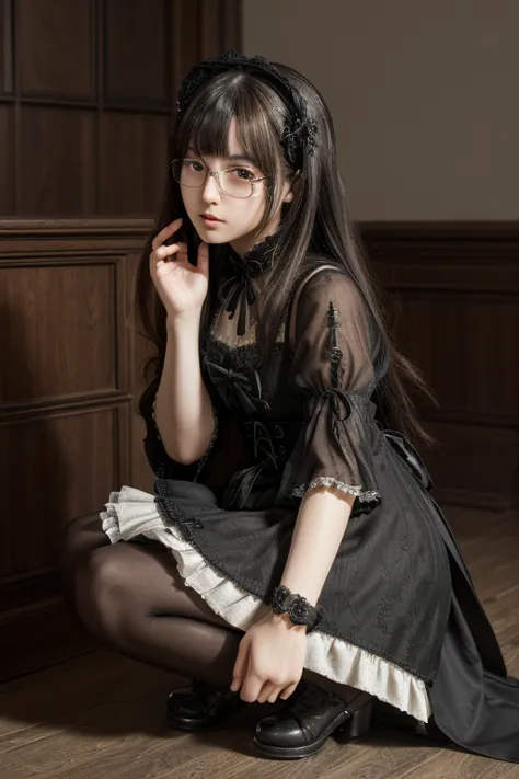 ((Best Quality)), ((傑Best Quality、masterpiece、High sensitivity、 high resolution on down、詳細な描写、 Delicate Facial Description)), Slender woman、 gothic lolita、Glasses、Crouch down、