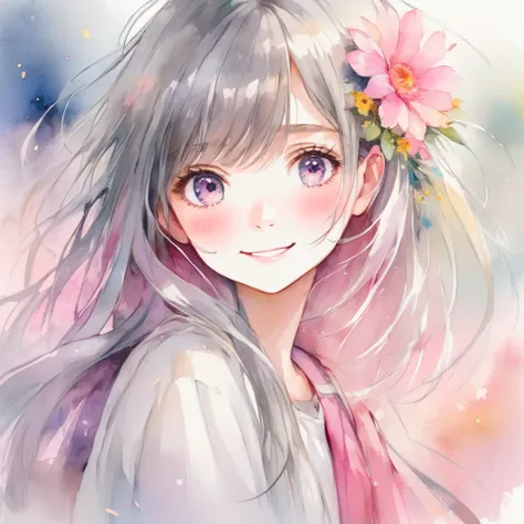  high resolution on down, watercolor style, 1 girl, smile, bangs,  pink eyes, Blurred,  very detailed,  Had, 斜めbangs, Droopy eyes,  colorful eyes, Gaze,  hair flower, Blurred,  blurred background, Character portrait, delicate、Overall light gray 