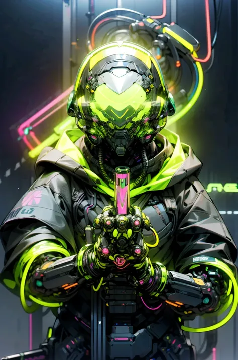 Helmets、(Gas masks:1.3)、(Neon rings:1.8)、(Neon cables:1.2)、(hooded:1.2)、(((Exercise)))、colorful、cyberpunked、(fantasy sword)、((1 man))、Mechanical Marvel、robot、((( masterpiece 、highest qualityr、beautiful、Ultra-detailed))) splash