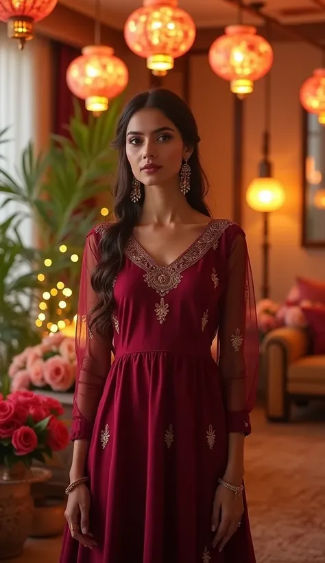 A beautiful young woman stands confidently in a festive, modern Indian outfit, fully visible from head to toe. She wears a stylish, contemporary dress in rich, vibrant colors like deep maroon or royal blue, adorned with subtle embellishments or delicate em...