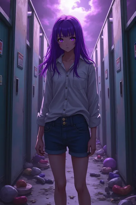 The world fell apart because there were too many people in the 3-compartment bathroom 
 Woman with purple hair and purple eyes standing as if standing (Anime)
