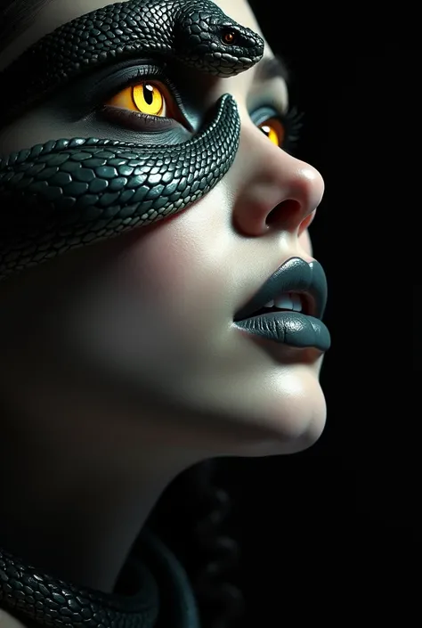 Digital black photo 16k, face snakes art full screen a beautiful Thai woman yellow eyes gray white reflective 