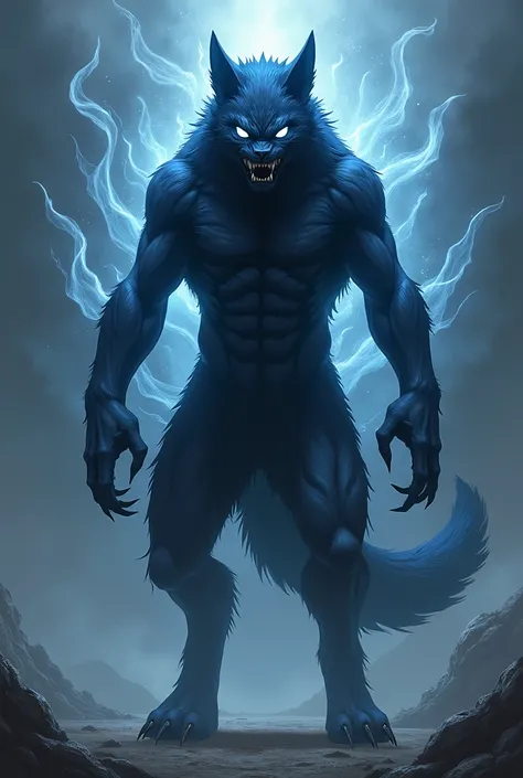 a feline-looking humanoid with a black and dark blue color with an aura of unlimited power and an angry face in realistic anime style.