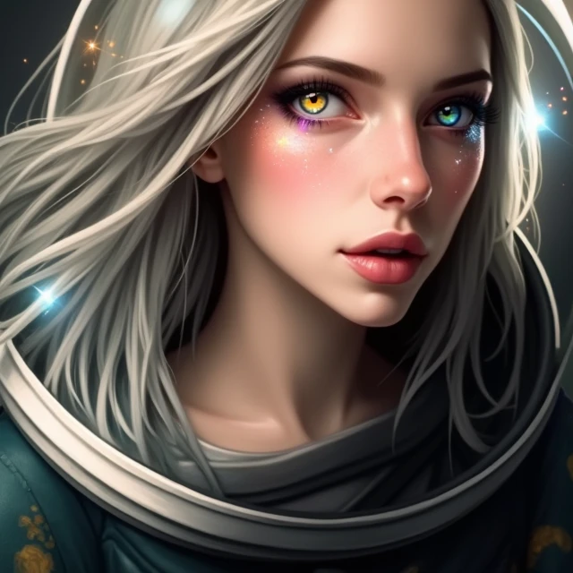 Close-up of the best masterpiece:1.5)0.9], (Space and astronauts:1.2) ( Loose silver hair:1.1) (Heterochromia:  xanthochromia and blue eyes:1.2) (Space helmet:1.0) (Colored stars in the eyes:1.0) (Shining light:1.1) (full lips:0.9)