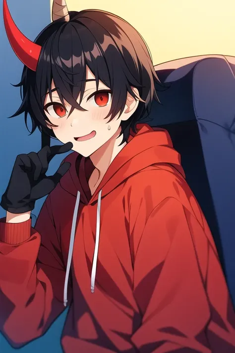 1 man,Silly guy, black hair , red demon hoodie(the hoodie have horn not the person), a black bandage glove, smol