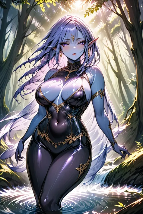  1 mature beautiful woman ,(Best Quality, Extremely Detailed Description , incredibly absurd high resolution),(Dark Elf:2.0),(Purple Eyes, half-closed eye,sweat,Beautiful legs,Curvaceous Body,Blue Skin, shiny skin,),Full body image,High quality anime drawi...