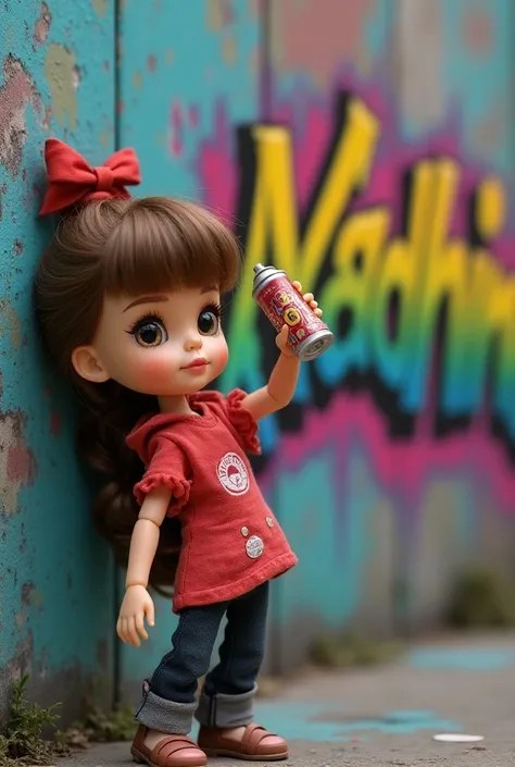 Generate an image with a doll with a spray can painting the name Nadhine that name is in the form of graffiti and that it is beautiful 