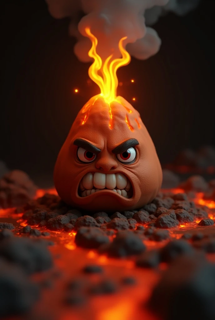 Small volcano spewing lava with cute angry face 3d character