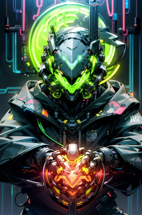 Helmets、(Gas masks:1.3)、(Neon rings:1.8)、(Neon cables:1.2)、(hooded:1.2)、(((Exercise)))、colorful、cyberpunked、(fantasy sword)、((1 man))、Mechanical Marvel、robot、((( masterpiece 、highest qualityr、beautiful、Ultra-detailed))) splash