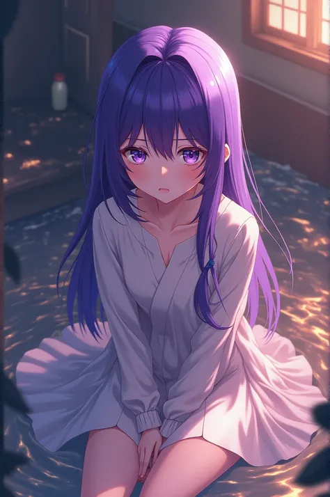 Woman with purple hair and purple eyes with a sad expression sitting on a yellow liquid (Anime)