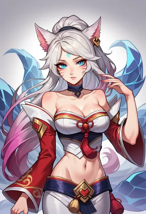 K/GIVES_ahri, 1 girl, ahri (League of Legends), breastsout, animal ears, FeixiaoDefault, animal ears, long hair, ponytail, gradient hair, white hair, blue eyes, forehead jewel, ear piercing, tassel hair ornament, standing alone, fox ears, K/GIVES (League o...