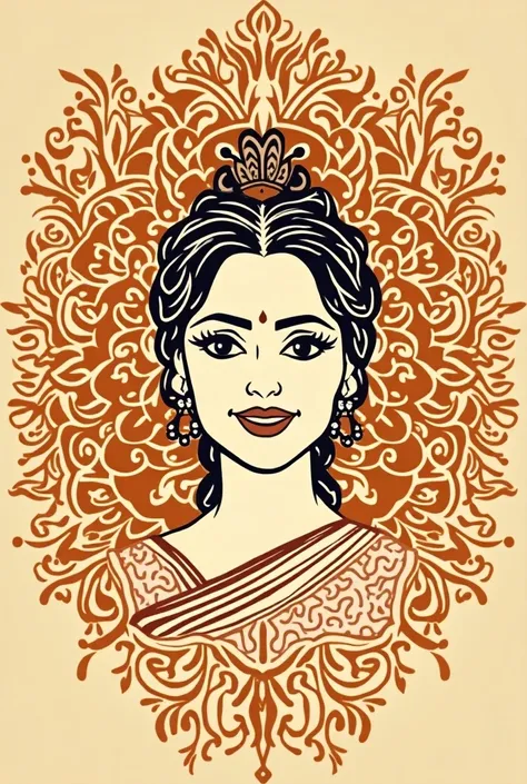 logo of maharashtrian food restaurant with Rangoli designs, madala, line art of a traditional indian saree womans smiling face , with companys name: Hatkar Auntys 