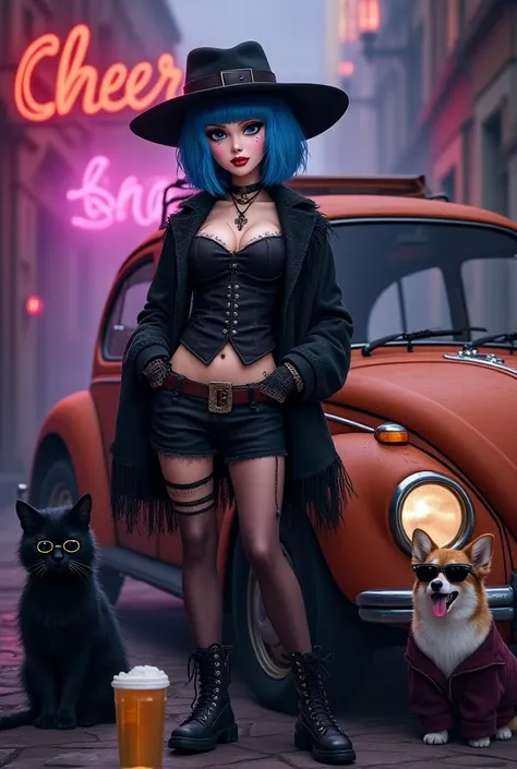    a blue bob-cut woman in wild western style 、Wearing a gothic magic costume 、 an old shot bar in old London 、Purple Background、 Dot Eye bob-cut black cat and cute corgi dog are wearing sunglasses、Wild Turkey and Shot Glass 、  cheers、

masterpiece, Best Q...