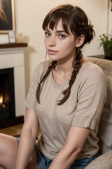 Beautiful 20 year old european  woman with dark auburn hair, bangs, short hair, braided updo, freckles, dimples: 1.3, blushing, hazel eyes, relaxed, living room, playing cards against humanity while sitting on the floor, pov, dim light, high quality, high ...