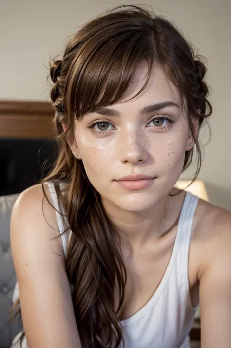 beautiful 20 year old european  woman with dark auburn hair, bangs, short hair, braided updo, freckles, dimples: 1.3, blushing, ...