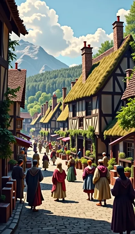 Medieval European village with people in period attire, bustling with daily life, ultra-high definition, historically accurate and realistic setting.