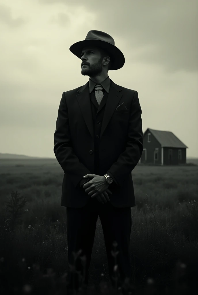 a man in a black suit and hat standing looking at the black house on a farm 