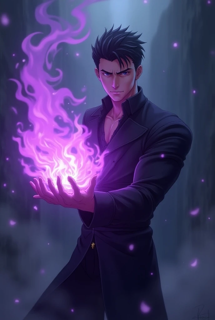 Man with purple fire in his hand, 3d anime style